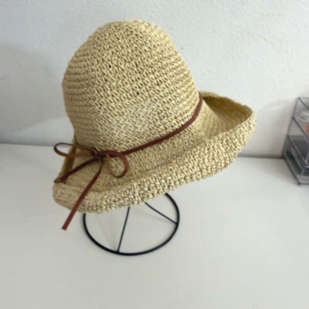 Woven Paper Straw Sun Hat Beige Cloche Beach Fedora with Brown Bow GHT7199